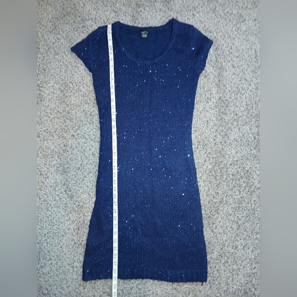 Rue 21 Knit Sweater Mini Dress Blue With Sequins Small Y2K Vintage Holiday